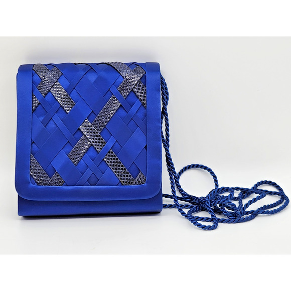 Vintage 1970s Cora Jacobs Electric Blue Satin Bag with Rope Strap - Picture 2 of 14